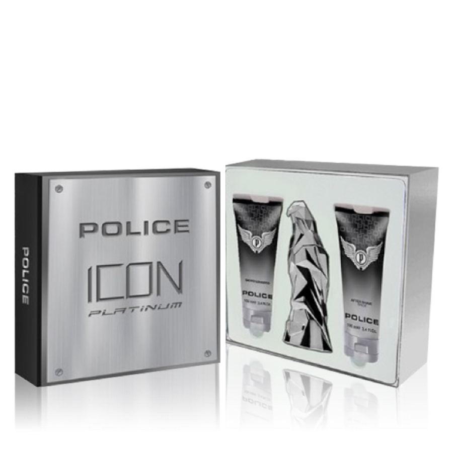 125 Edp Police Icon Platinum After Shave Balm 100ml Showers Shampoo